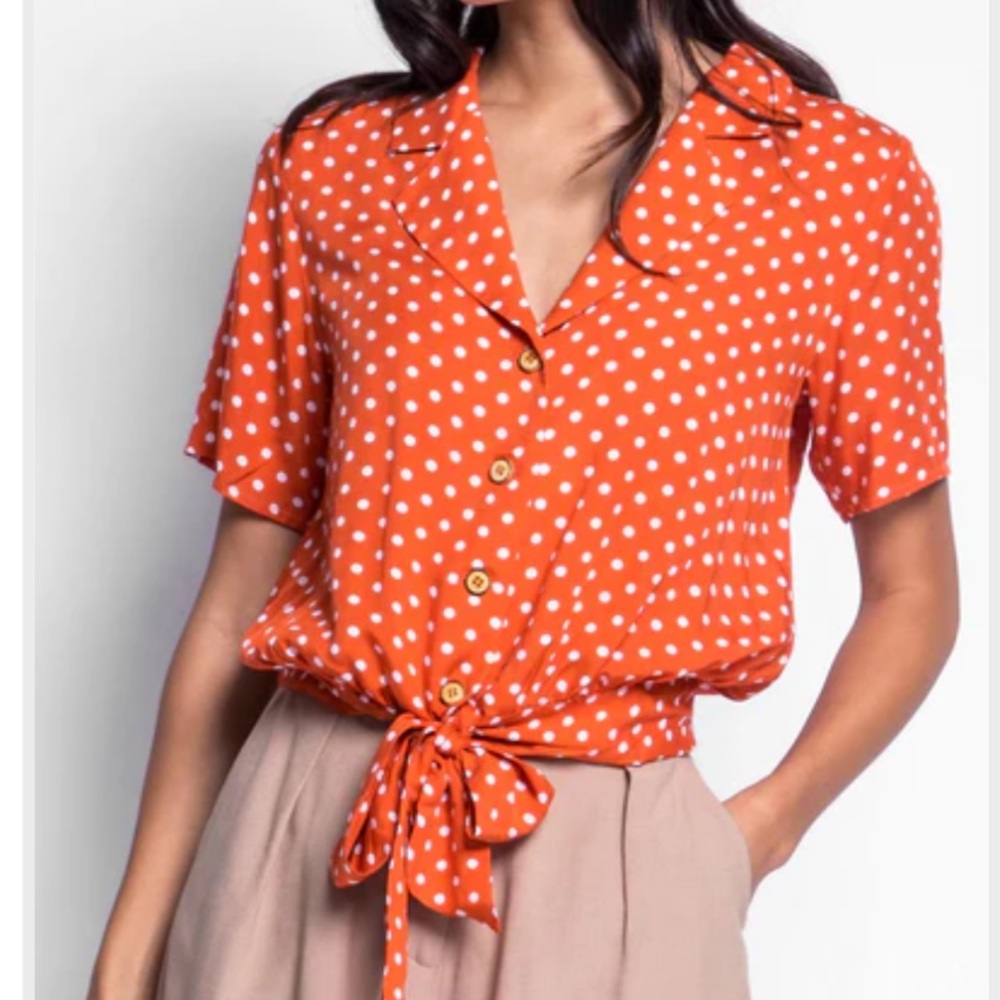 Pink Martini Women’s The Ava Top Polka Dot Button Down Blouse Size XS
